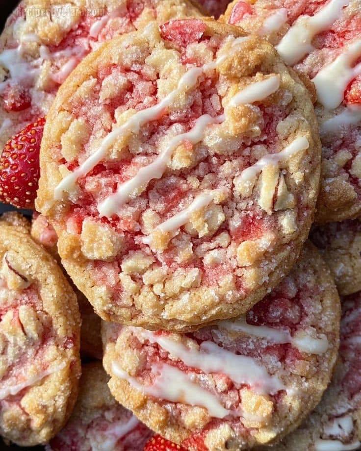 Strawberry Vanilla Sugar Cookies with Cream Cheese Frosting Drizzle