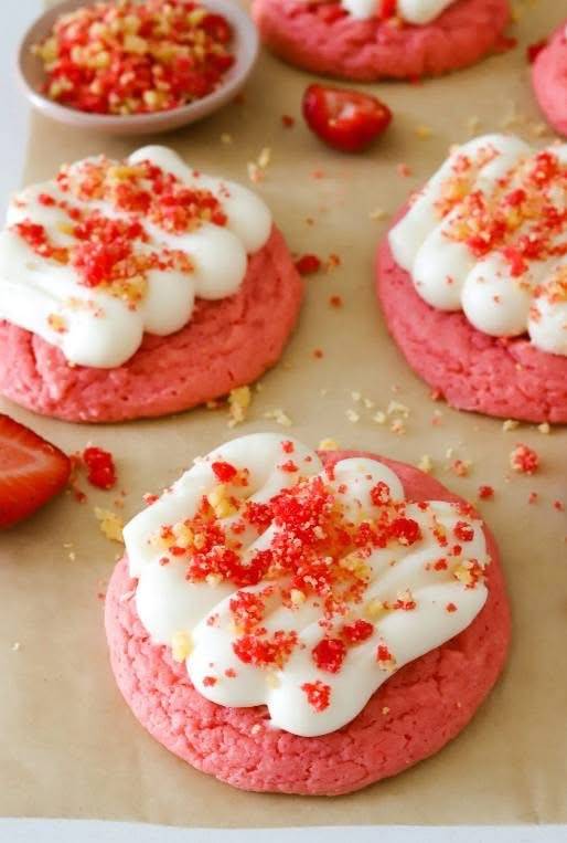 Best Strawberry Cookies with Thick Cream Cheese Frosting and Crumble on Top