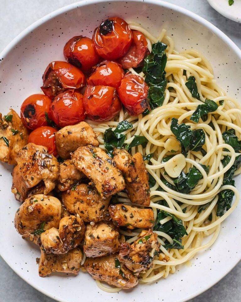 Grilled Chicken and Grilled Cherry Tomatoes with Spinach Garlic Pasta