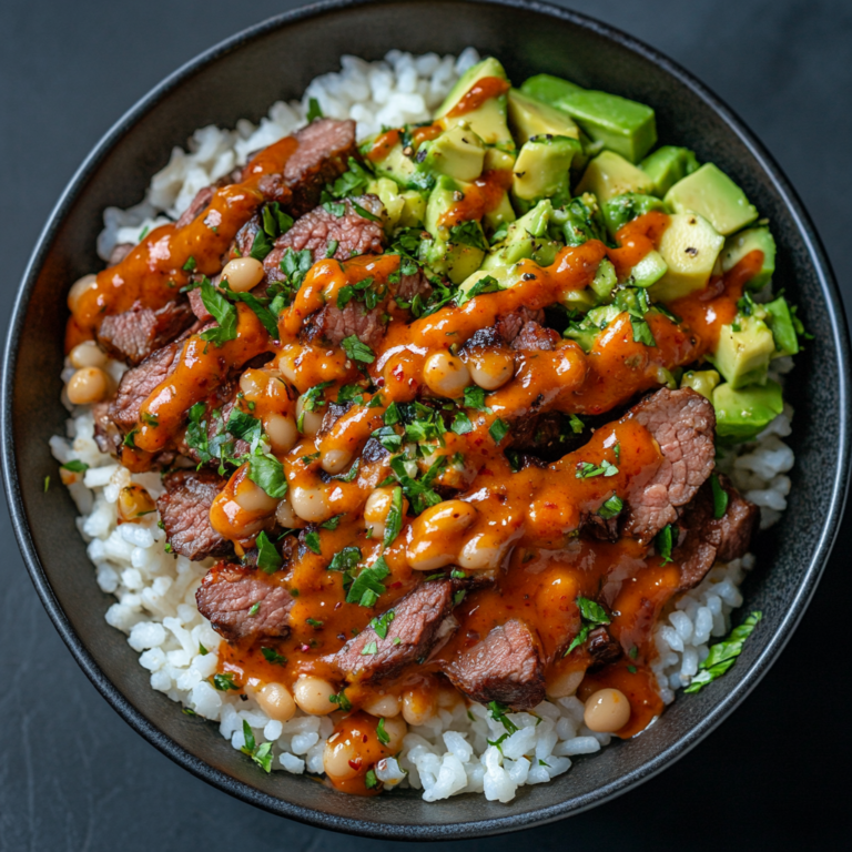 Best Steak with Beans and Avocado on Top of White Rice with Spicy Sauce Recipe