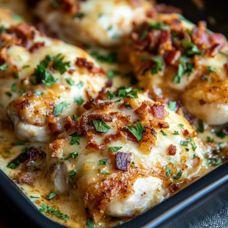 Oven Baked Smothered Chicken with Bacon Bits and Parmesan Cheese