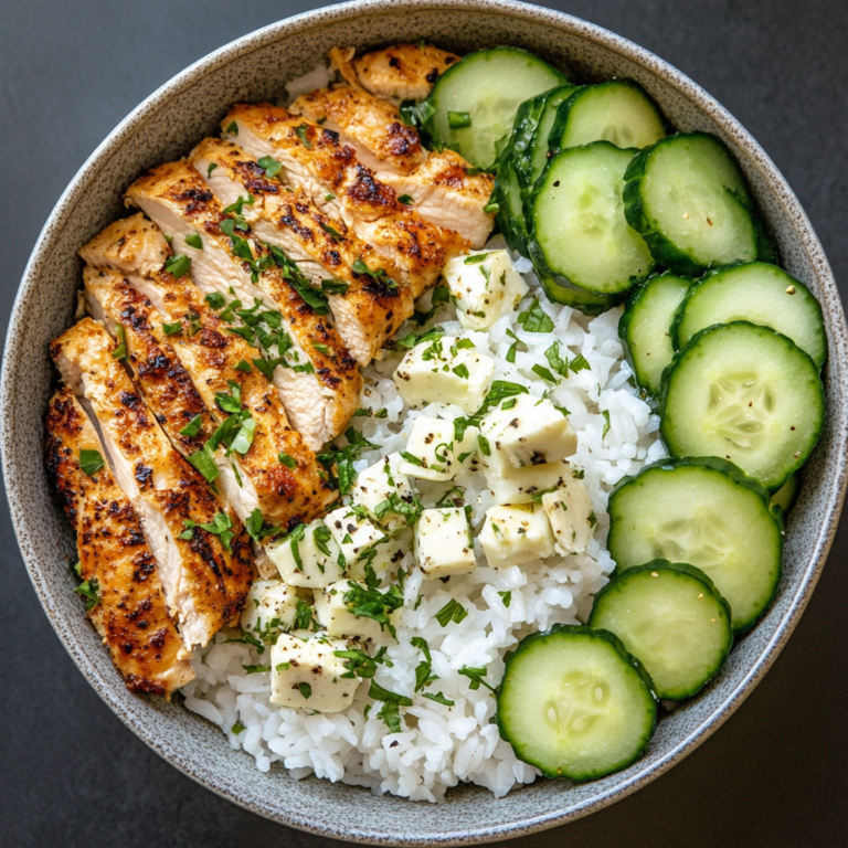 Best Greek Chicken Bowl with Rice, Cucumbers, and Cheese