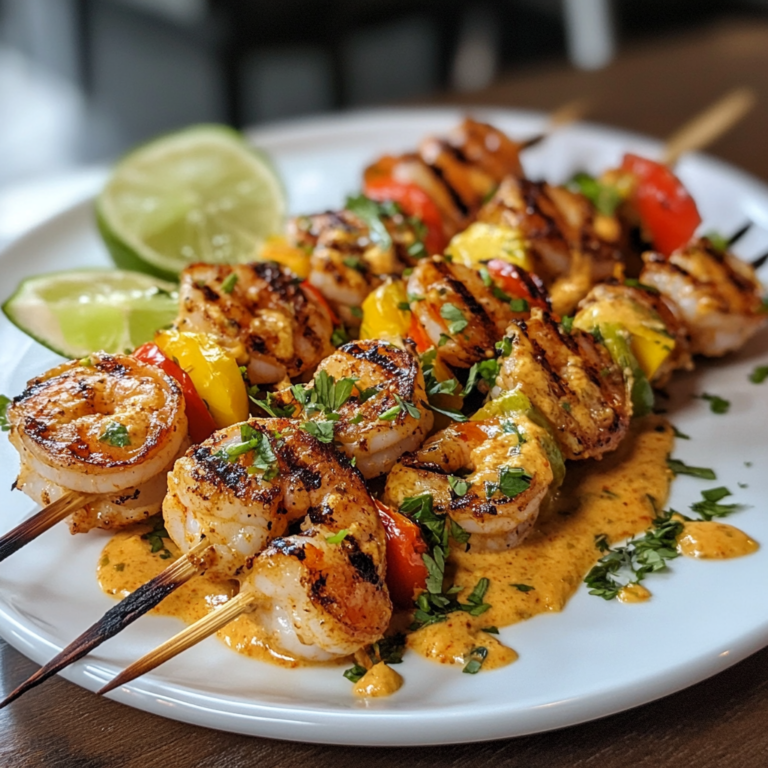 Chili Lime Grilled Shrimp Skewers with Chili Lime Sauce Drizzle